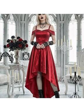 B. Darlin' Red Satin High-Low Dress with Off-Shoulder Detail